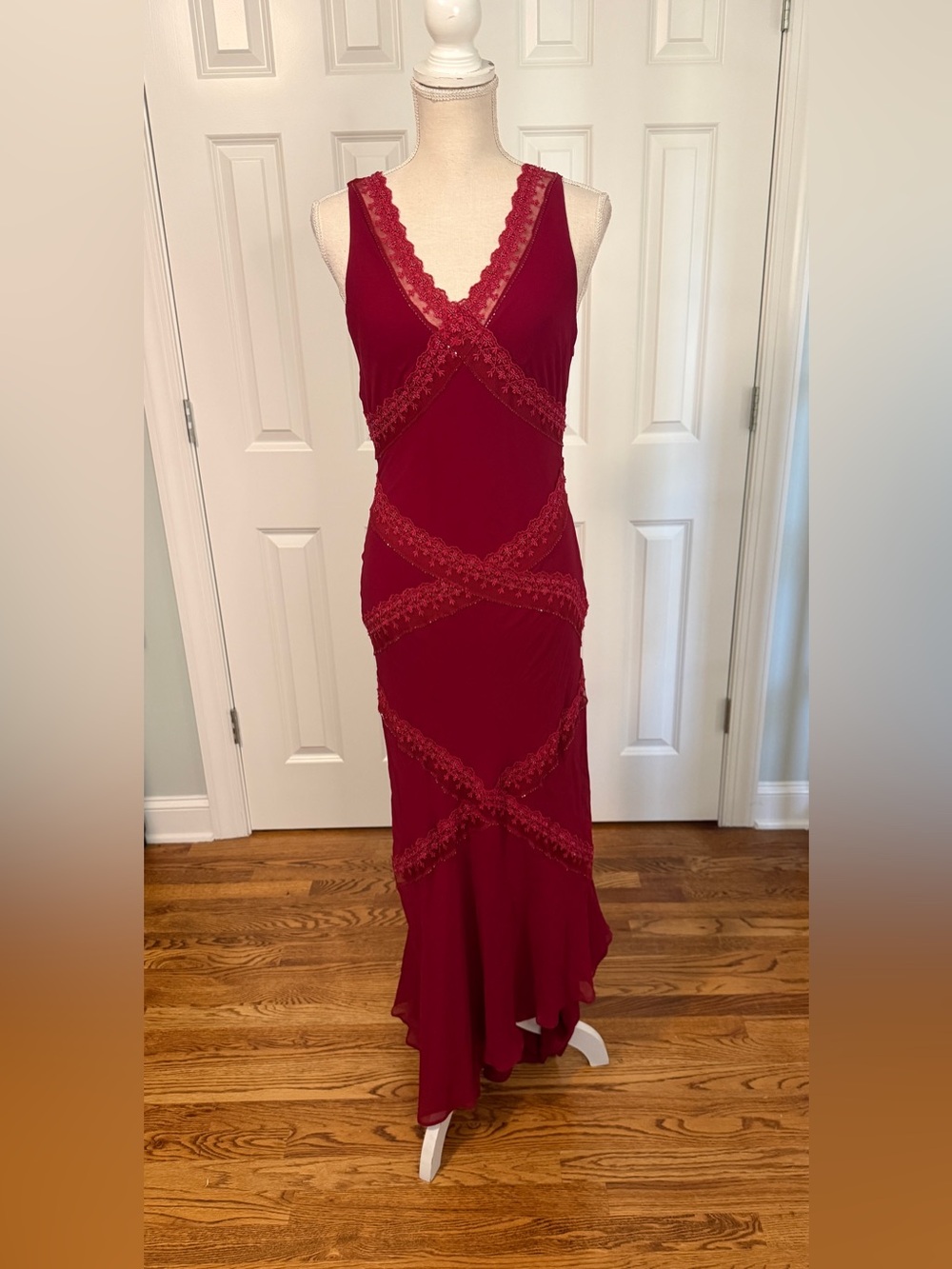 Vintage Caché 100% Silk Whimsgoth Gown Red Beaded Lace Maxi Dress Size 6